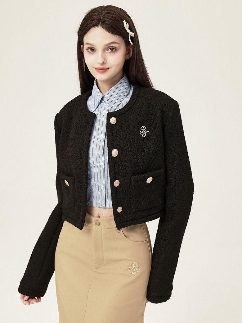 ikyou 3D Button Trim Slim Fit Office Long Sleeve Solid Polyester Cropped Jackets