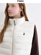 fano 90% White Duck Down Sleeveless Straight Stand Collar Zipper Beige Down Jackets