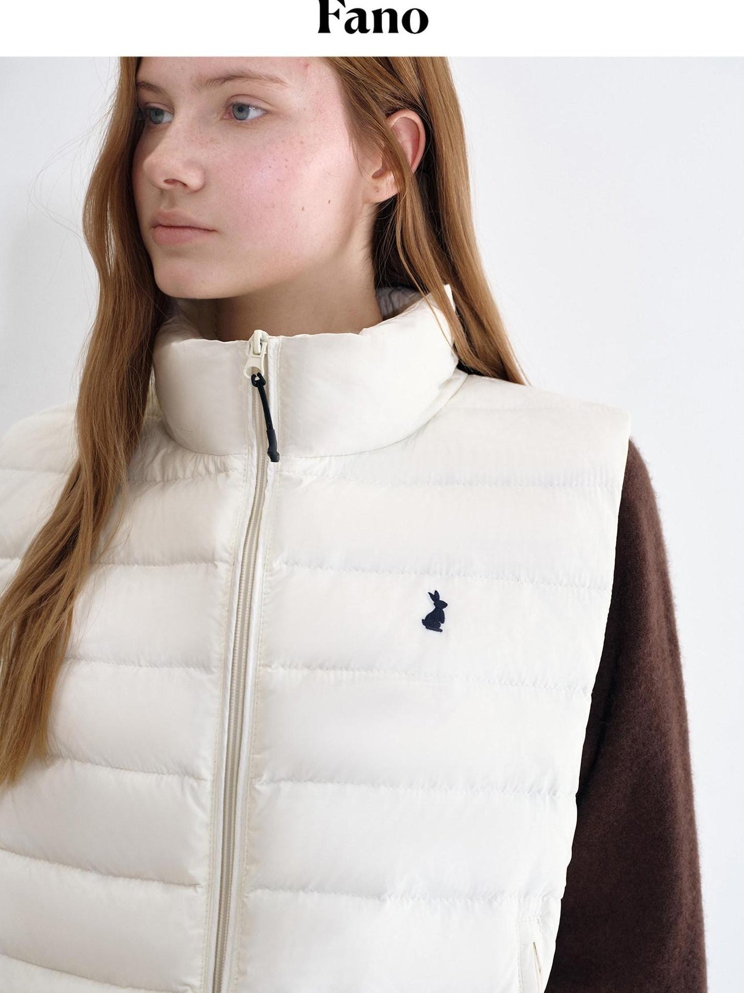 fano 90% White Duck Down Sleeveless Straight Stand Collar Zipper Beige Down Jackets