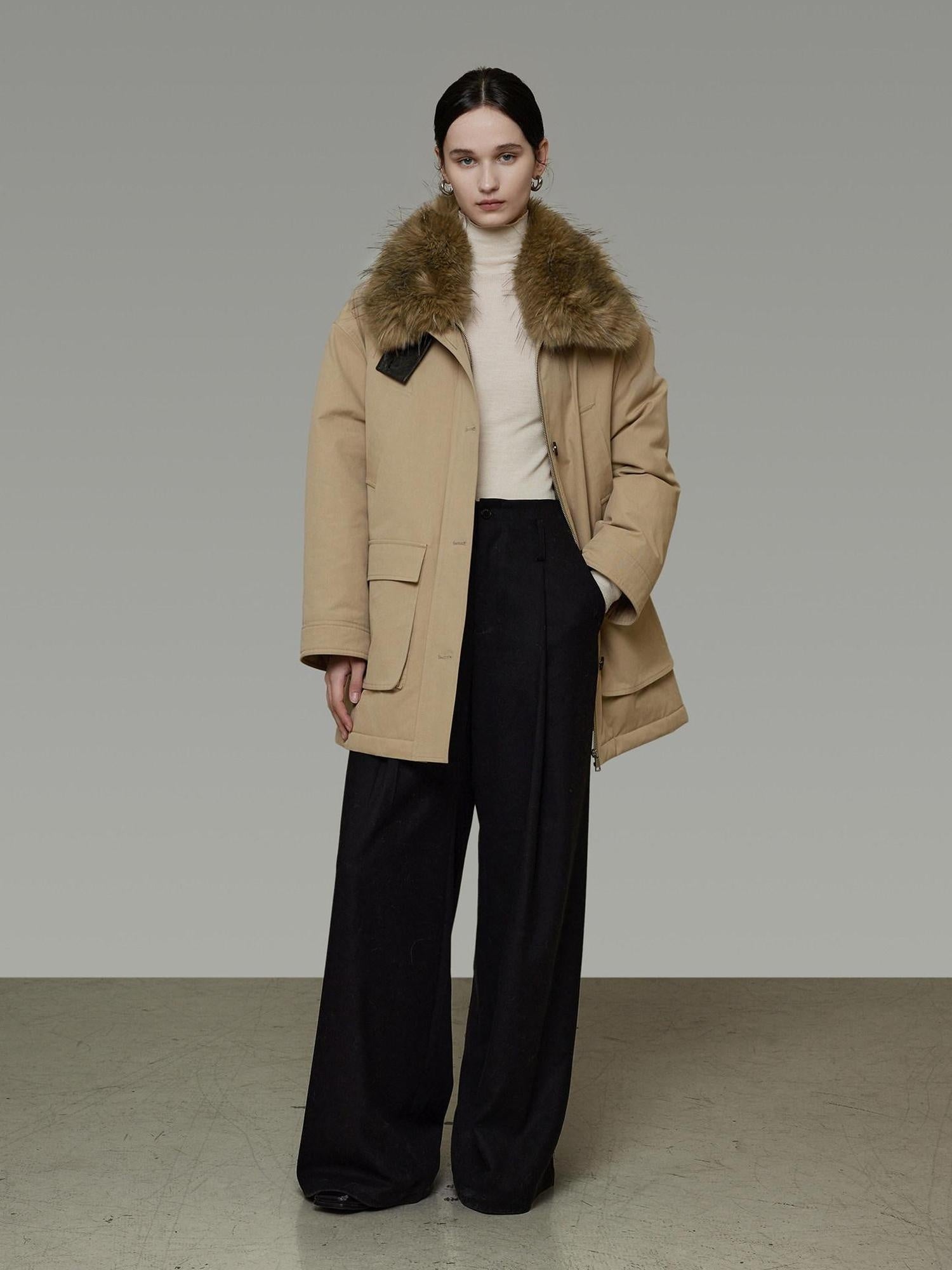 unspoken Thick Cotton Oversized Midlength Single Breasted Khaki Puffer Jackets