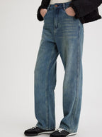 fano High Waist Washed Clean Straight Rigid Denim Blue Straight Leg Jeans