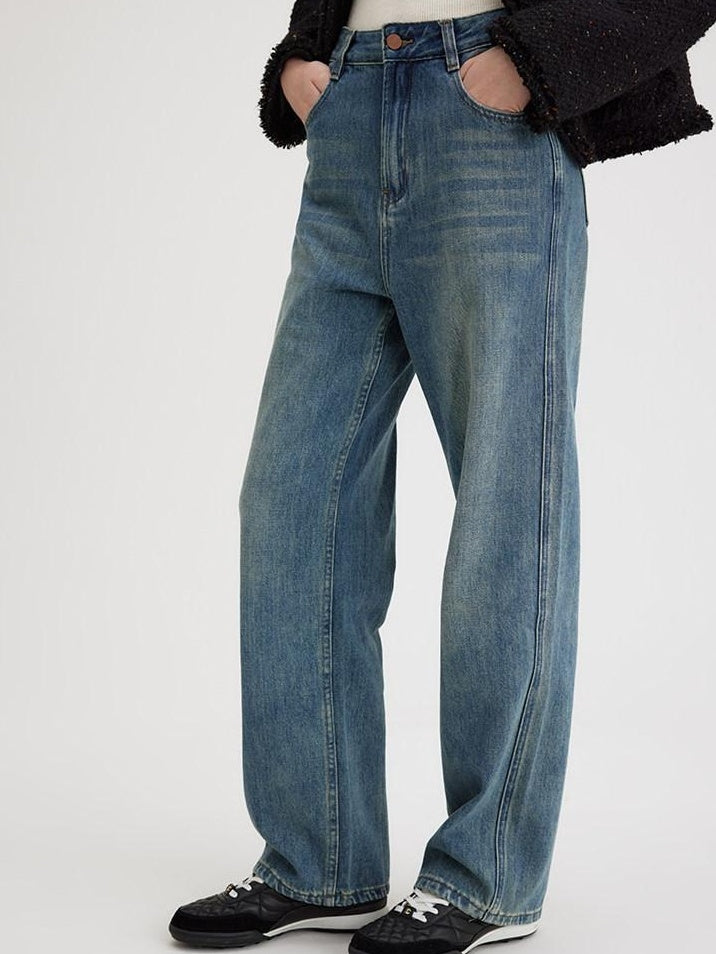 fano High Waist Washed Clean Straight Rigid Denim Blue Straight Leg Jeans
