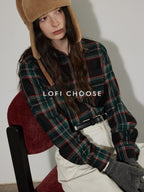 Lofi choose Work Ready Loose Fit Green Plaid Button Front Long Sleeve Polyester Women Shirts