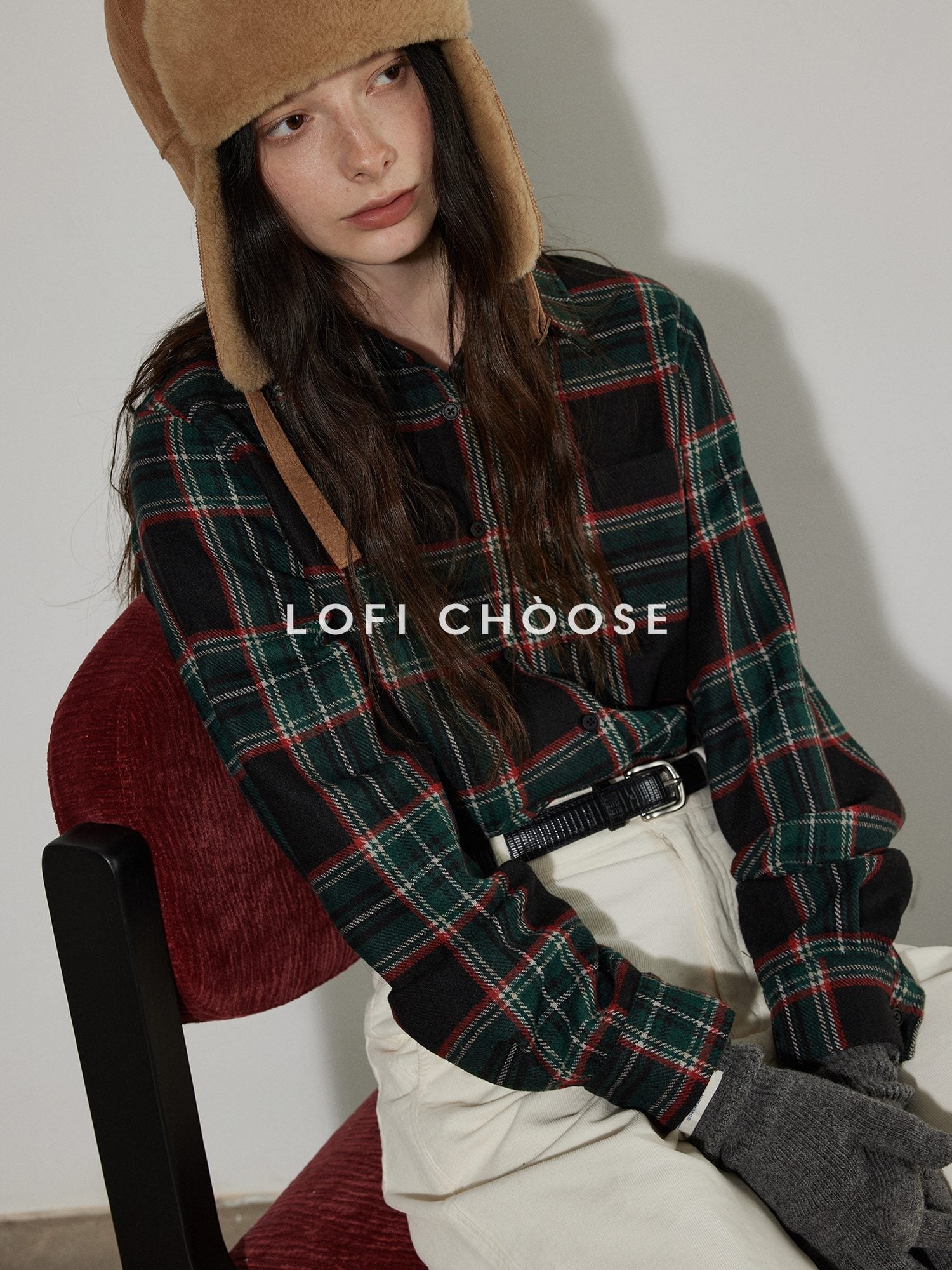 Lofi choose Work Ready Loose Fit Green Plaid Button Front Long Sleeve Polyester Women Shirts