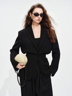 audreyyang Oversized Cinched Waist Short Notch Lapel One Button Black Polyester Blazers