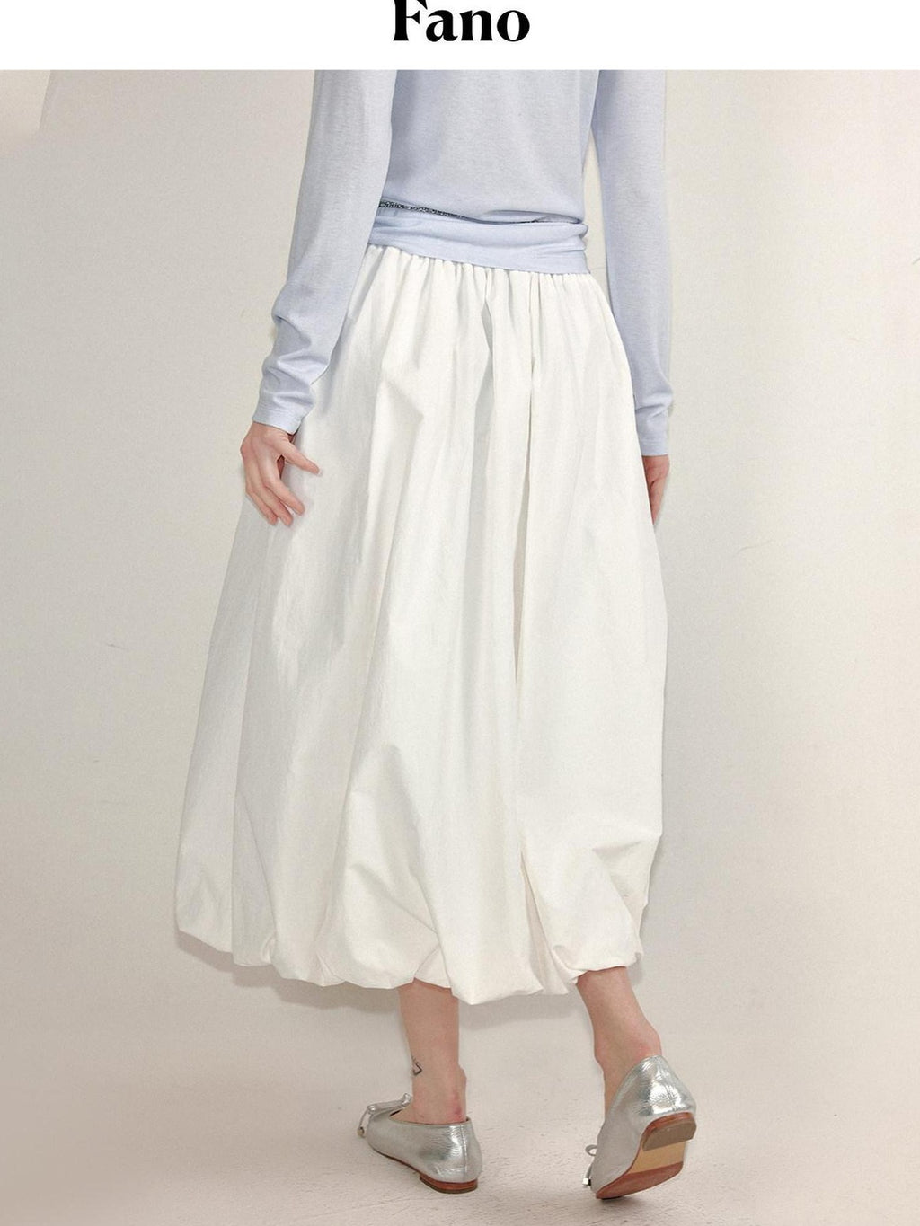 fano Lined Press Pleat A Line Bubble Mid Waist Women City Black White Midi Skirts