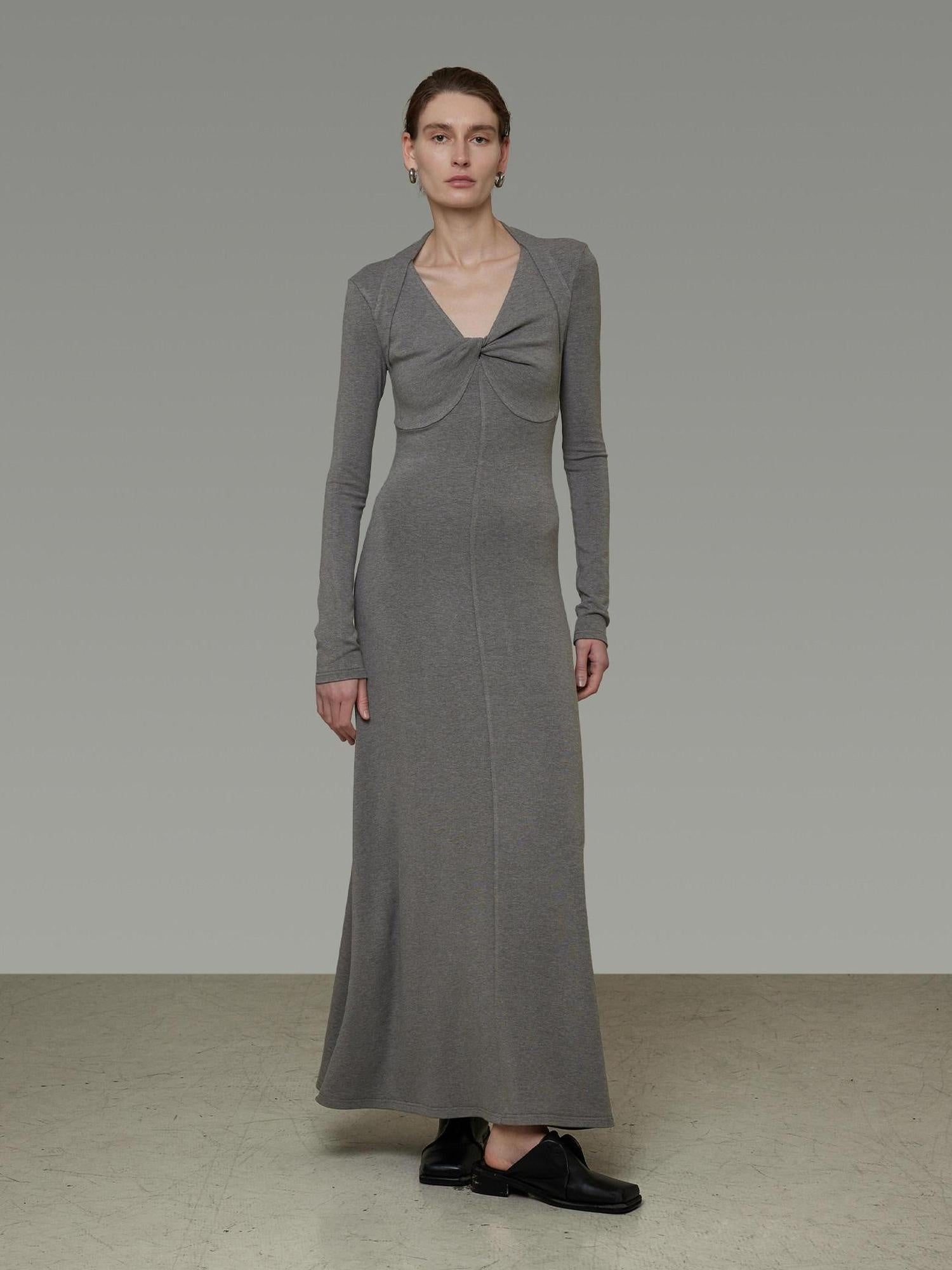 unspoken Soft Breathable Vneck Longsleeve Waist Cinch Viscose Knit Maxi Dresses