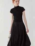 fano High Waist Minimalist Office A Line Short Sleeve Mock Neck Black Midi Dresses