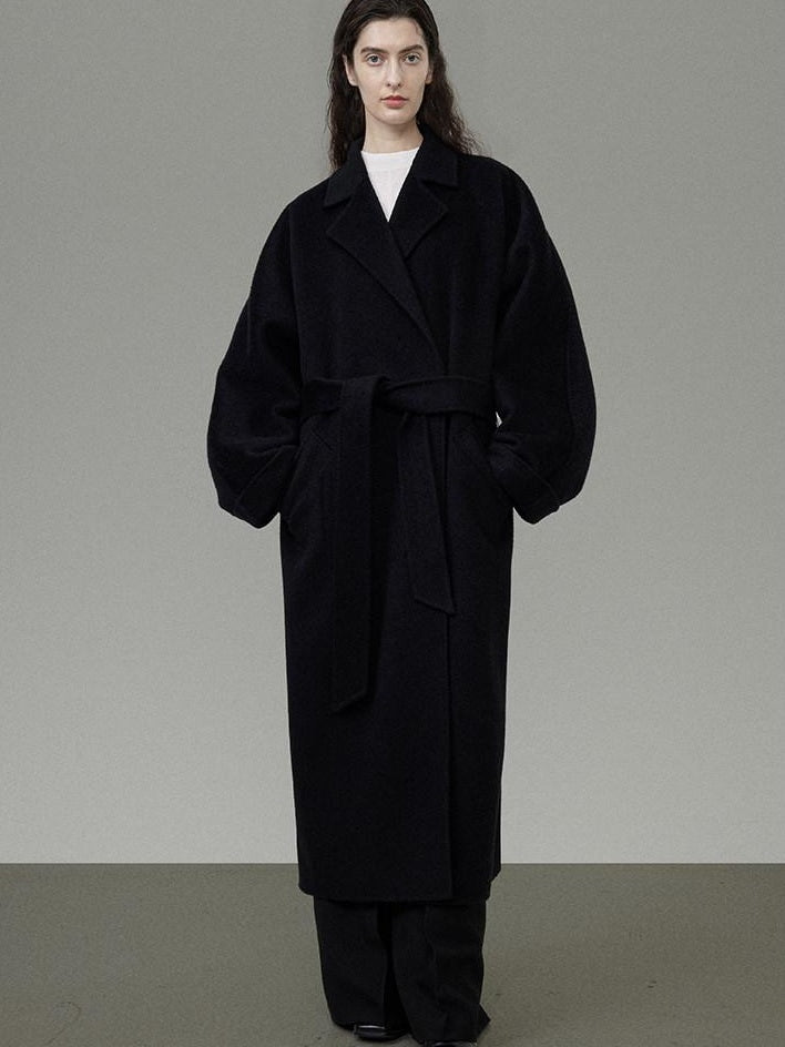 unspoken 100 Percent Wool Minimal Straight Long Tie Office Women Black Wool Coats