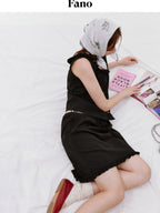 fano Figure Flattering Round Neck Black Two Piece Women S M L Top & Skirt Sets