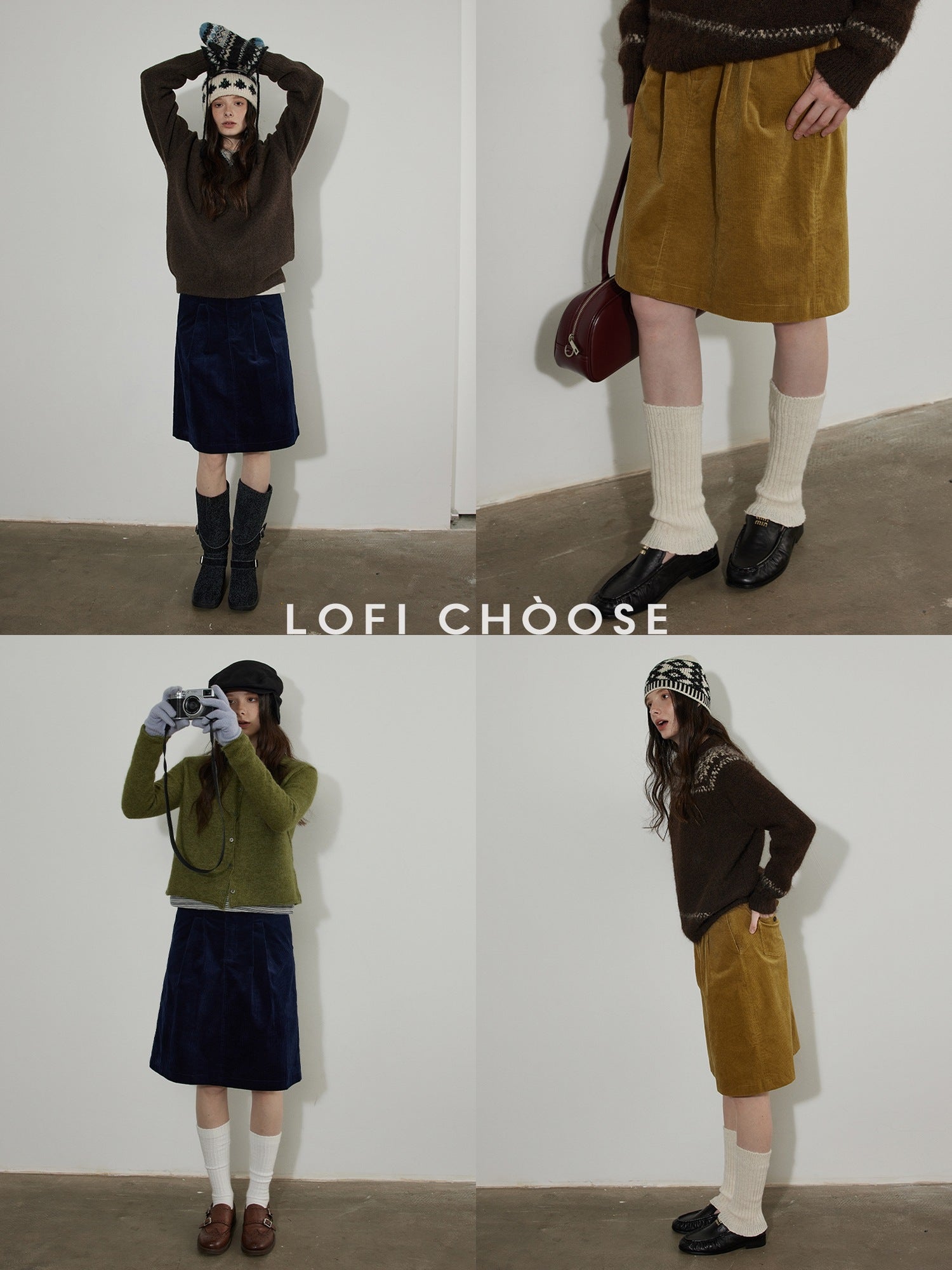 Lofi choose Cotton Pleated Vintage Aline Elastic Waist Loose Workwear Midi Skirts