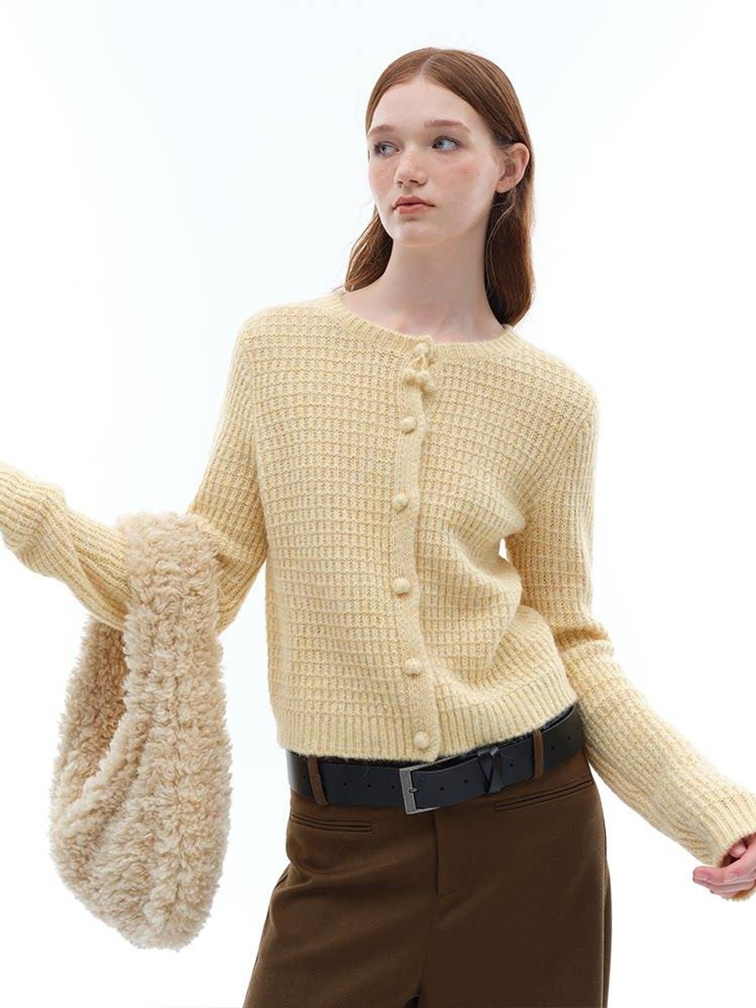 someonesometimes Soft Alpaca Blend Commuter Artsy Crew Neck Button Long Sleeve Cream Cardigans