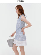 fano Soft Cotton Blend Halter Plaid Korean Office Hline Square Neck Midi Dresses