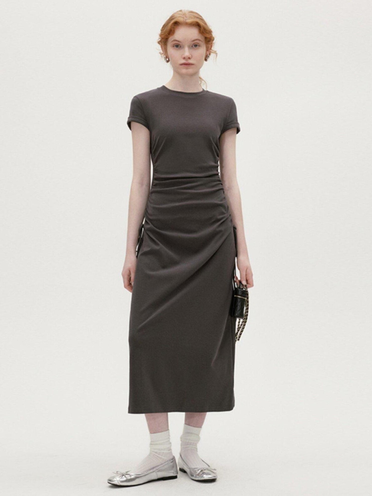 fano Soft Cotton Knit High Waist A Line Button Mock Neck Midi Dresses