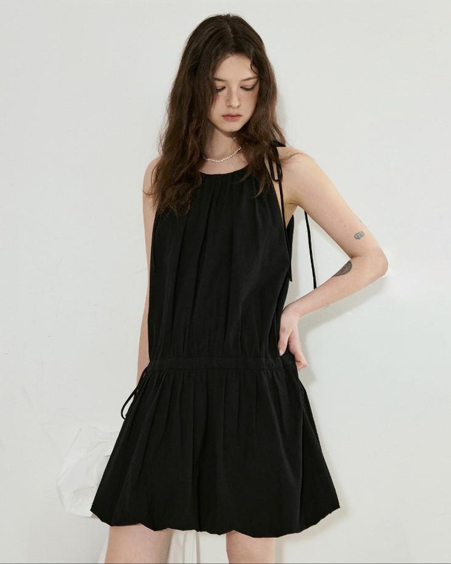fano Soft Viscose Blend Korean Office A Line Sleeveless Black Midi Dresses
