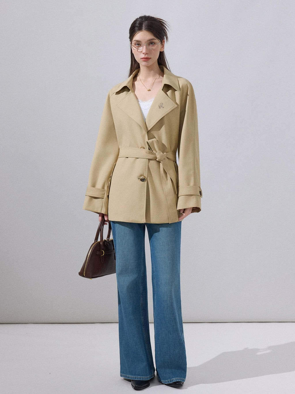 ikyou Lightweight Khaki High Waist Belted Artistic Lapel Women Trench Coats