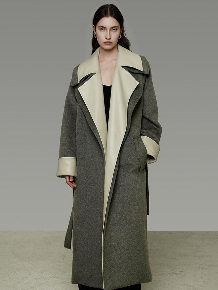 unspoken Minimal Commuter Oversized Long Notch Collar Olive Green Wool Blend Wool Coats