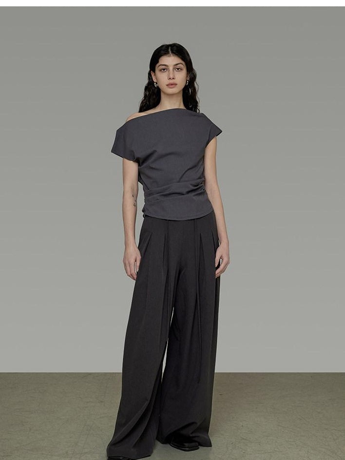 unspoken Pleated Stretch Minimalist Workwear Natural Waist Women Wide Leg Pants