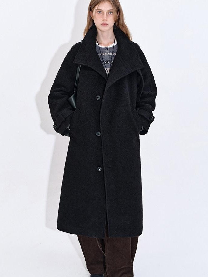 fano Premium Wool Blend Long Notch Collar Relaxed Black Korean Women Wool Coats
