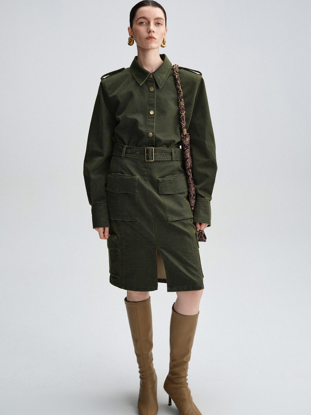 audreyyang Thick Cotton Cinched Waist Vintage Long Sleeve Army Green Top & Skirt Sets