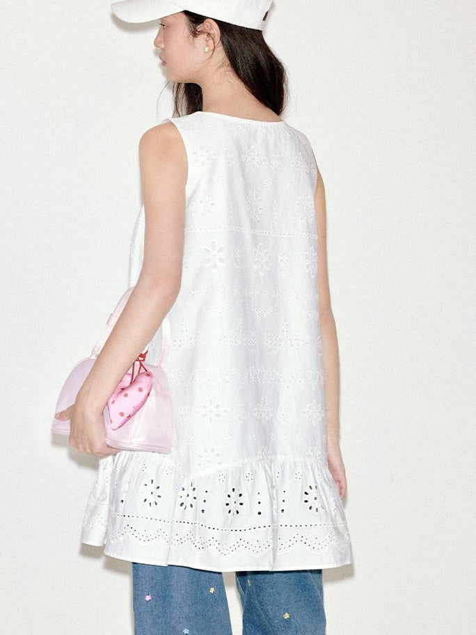 fano 100 Percent Cotton Embroidery A Line Loose Waist Sleeveless Office Midi Dresses