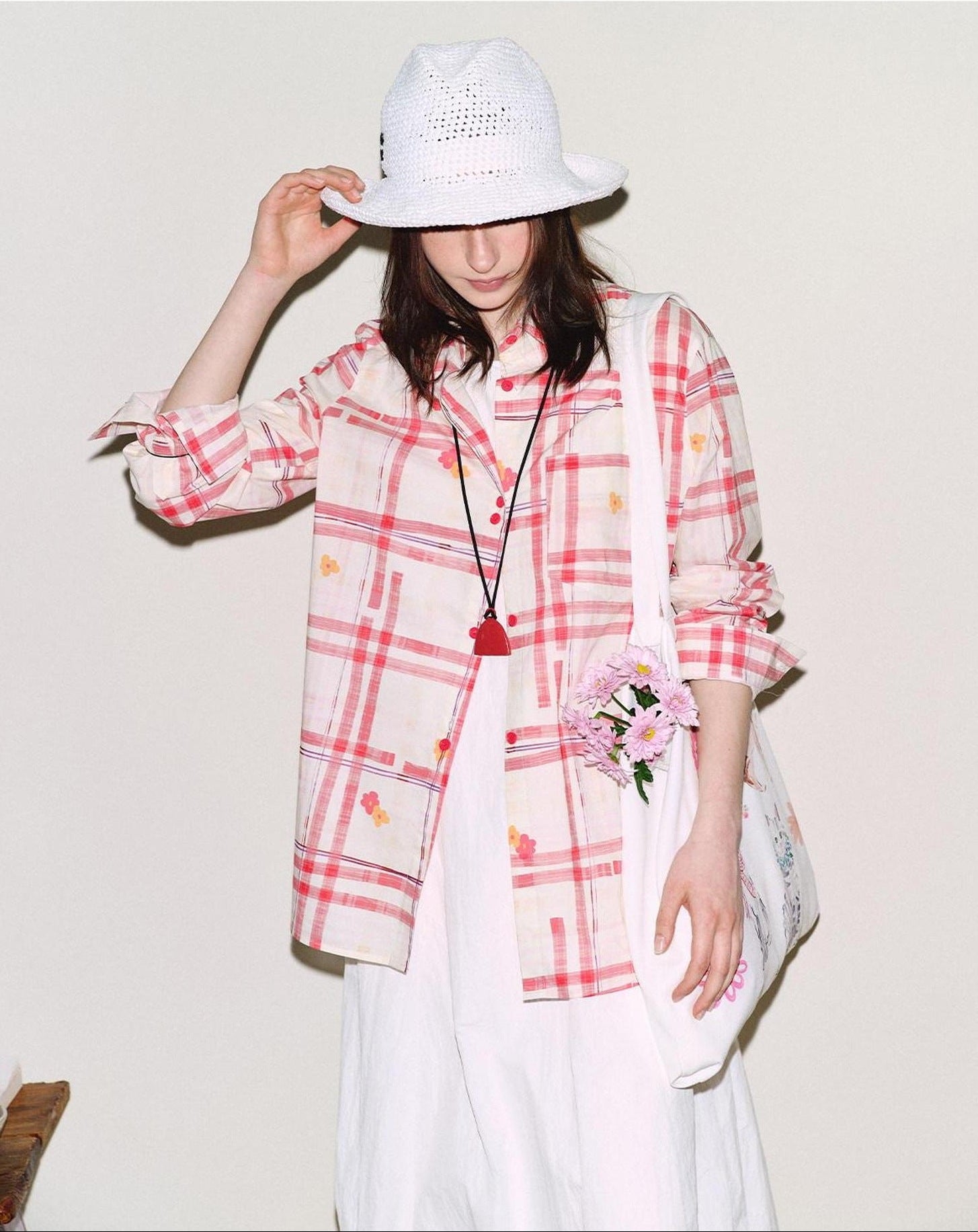 fano Breathable Cotton Loose Korean Red White Plaid Long Sleeve Women Shirts