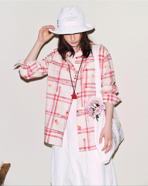 fano Breathable Cotton Loose Korean Red White Plaid Long Sleeve Women Shirts