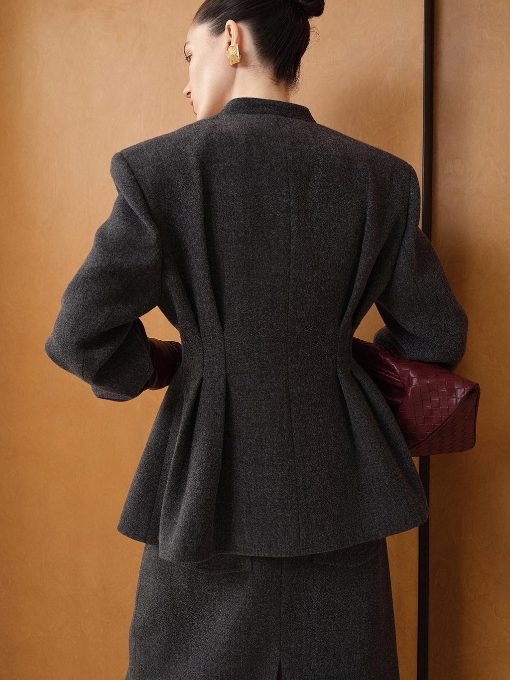 audreyyang Waist Cinch Slim Casual V-neck Single Breasted Women Office Black Wool Coats