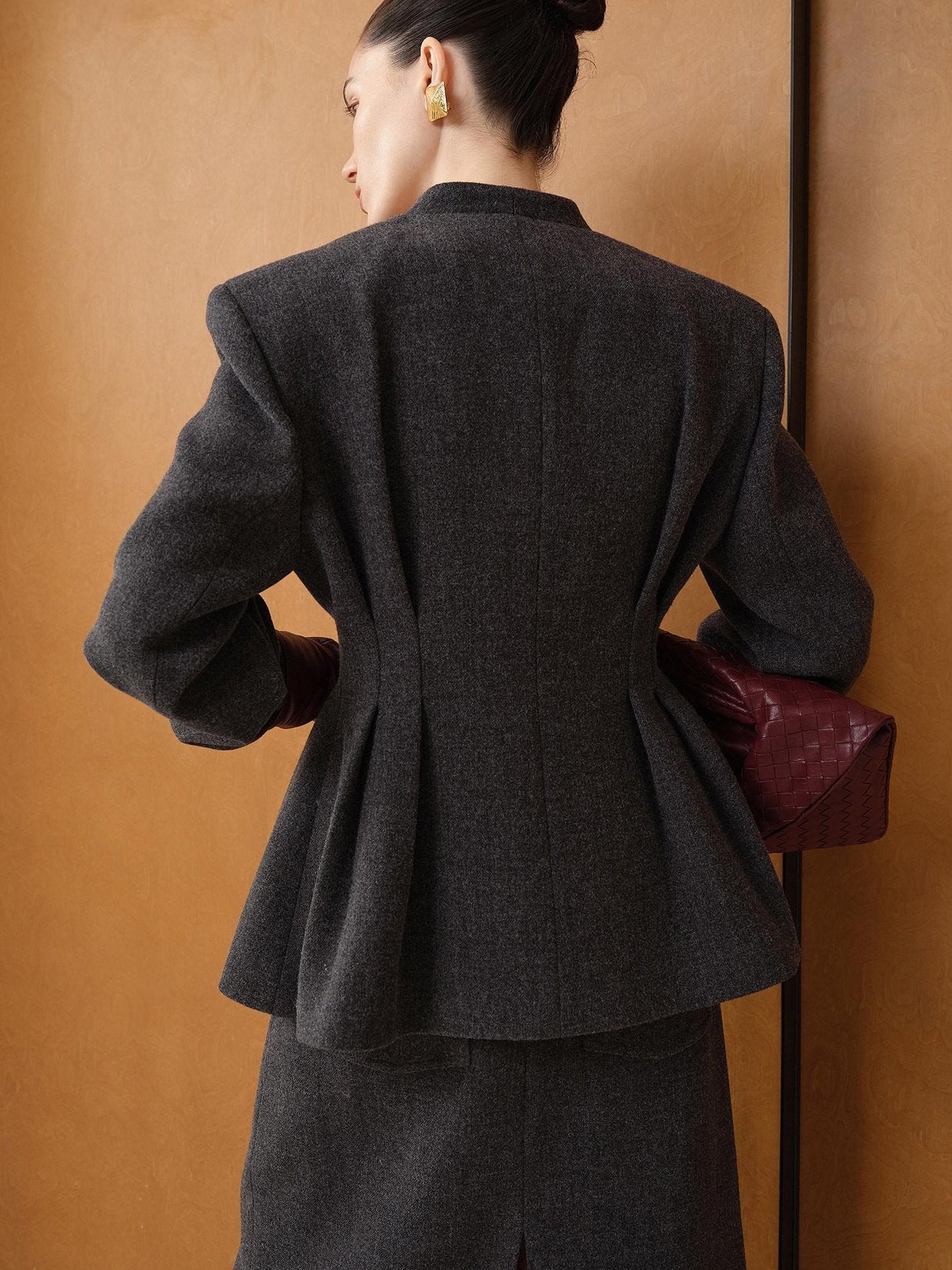 audreyyang Waist Cinch Slim Casual V-neck Single Breasted Women Office Black Wool Coats