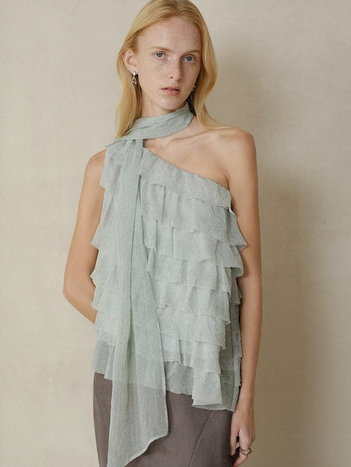 someonesometimes Sheer Mesh Wave Tie Lightweight Workwear Women Mint Green Off Shoulder Crop Tops