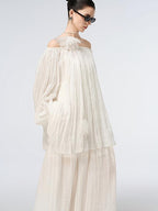 audreyyang Linen Long Sleeve Vintage Loose Round Neck Dusty Rose Women Top & Skirt Sets