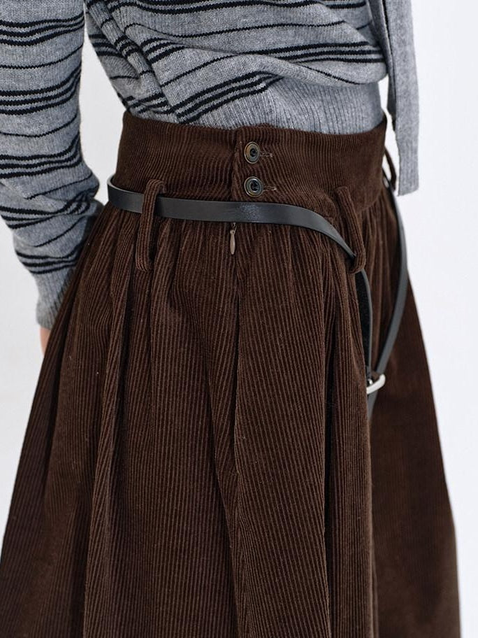 fano Lined High Waist Pleated Vintage A Line Cotton Brown Midi Skirts