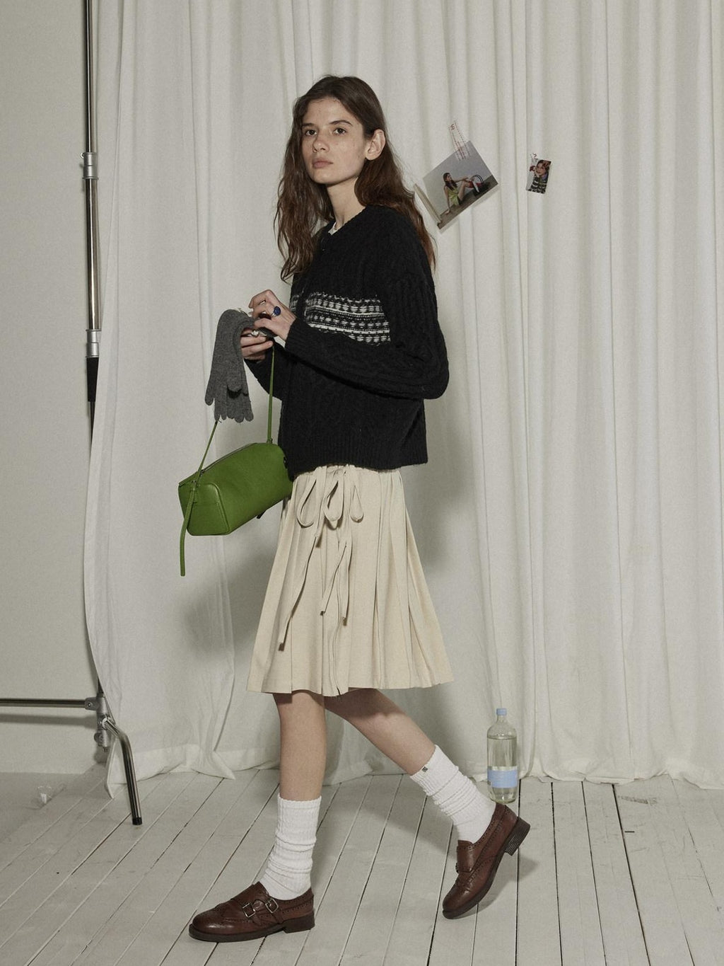 Lofi choose High Waist Vintage Pleated A Line Girly Office Apricot Polyester Midi Skirts