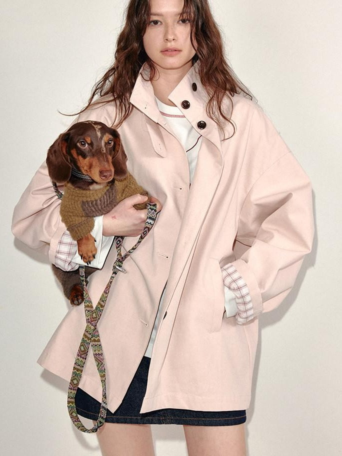 fano Pure Cotton Relaxed Commuter Stand Collar Midlength Peach Pink Trench Coats