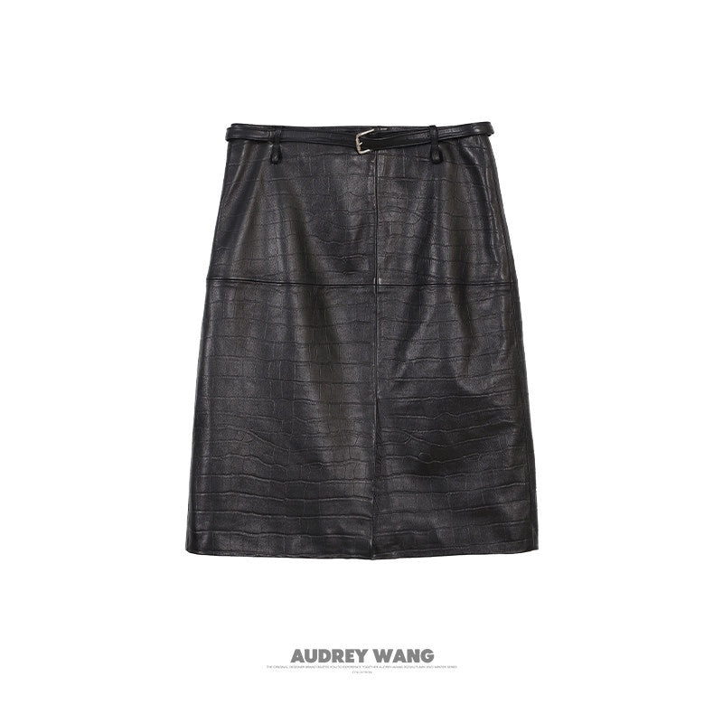 audreyyang_Premium_Sheepskin_Mid_Waist_Straight_Front_Slit_Black_Women_Leather_Midi_Skirts_MISSTT