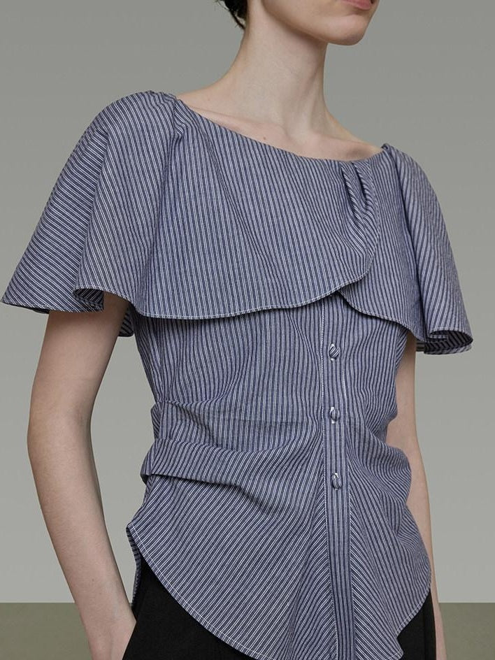 unspoken Flattering Pure Cotton Loose Boat Neck Women Striped Short Sleeve Blouses