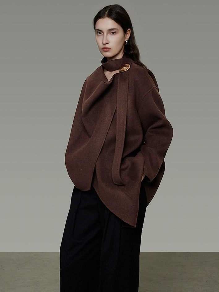 unspoken Pure Sheep Wool Lapel Collar Loose Fit 3D Cut Office Coffee Wool Coats