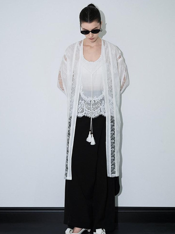audreyyang Lightweight Breathable Loose Fringe Mid Length Women Cotton Solid Cardigans