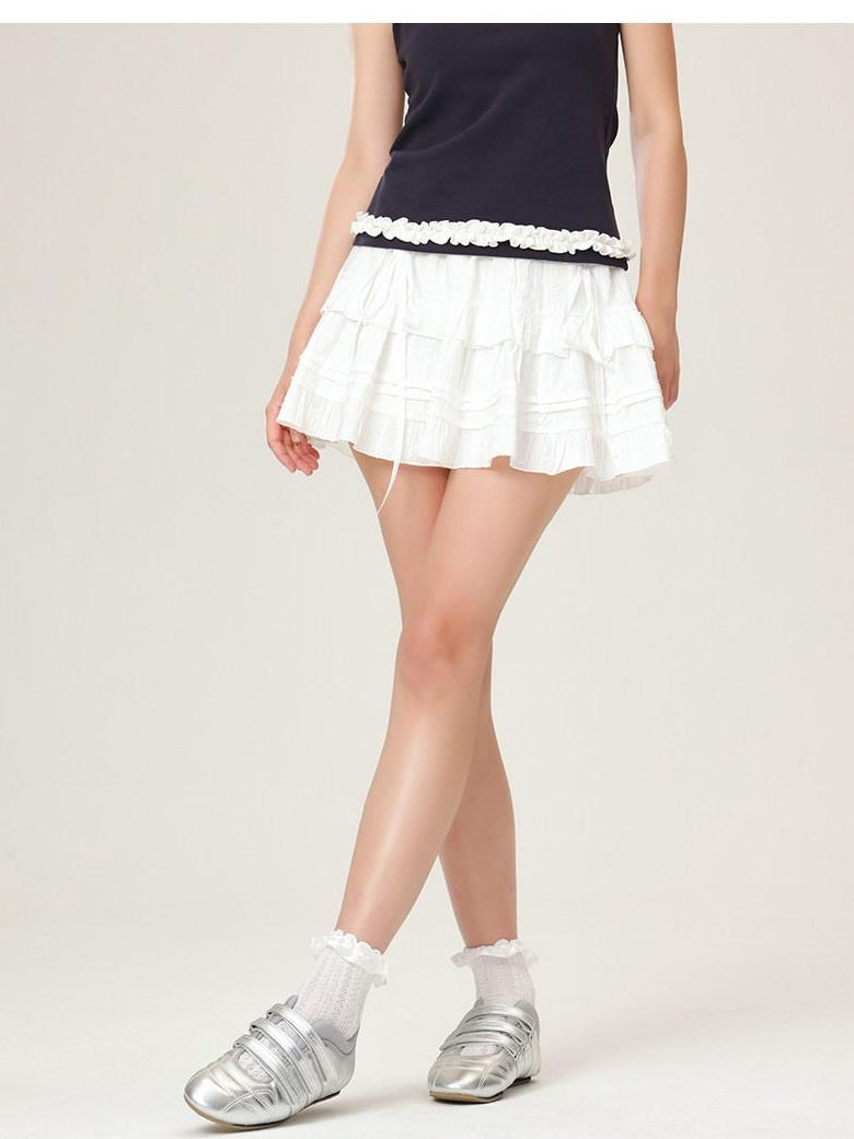 ikyou Soft Cotton Jacquard Lined A Line Puff Skirt Bow Lace Women Daily Mini Skirts