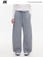 ikyou Warm Casual Pockets Elastic Waist Women Light Gray Stretch Wide Leg Pants