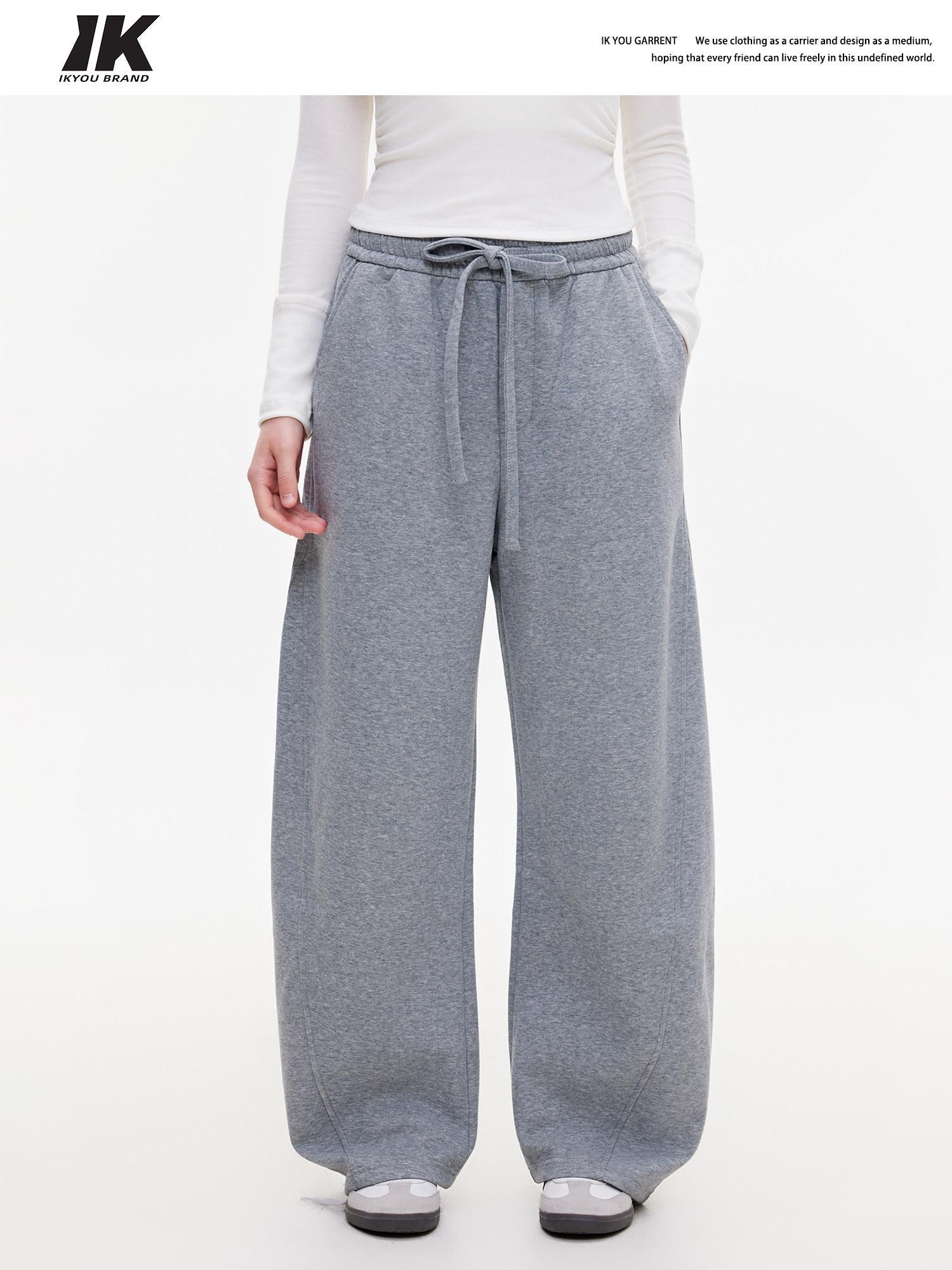 ikyou Warm Casual Pockets Elastic Waist Women Light Gray Stretch Wide Leg Pants