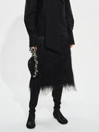audreyyang Fringe Front Slit Mid Waist Straight Elastic Waist Lined Women Black Midi Skirts