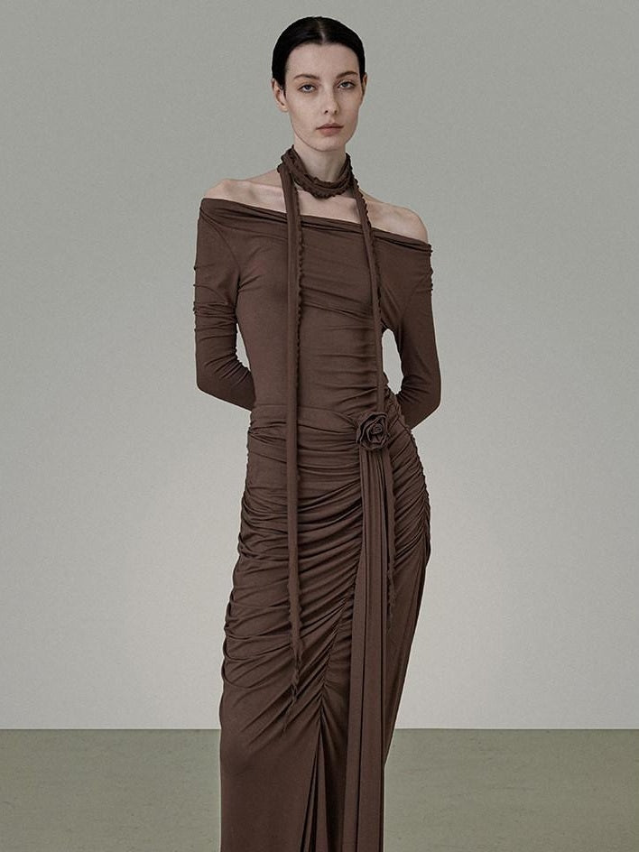 unspoken Slim Pleated Minimalist Workwear Women Pullover Polyester Brown Top & Skirt Sets