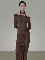 unspoken Slim Pleated Minimalist Workwear Women Pullover Polyester Brown Top & Skirt Sets