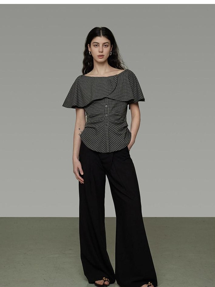 unspoken Breathable Minimal Loose Ruffle Boatneck Women Plaid Button Short Sleeve Blouses