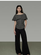 unspoken Breathable Minimal Loose Ruffle Boatneck Women Plaid Button Short Sleeve Blouses