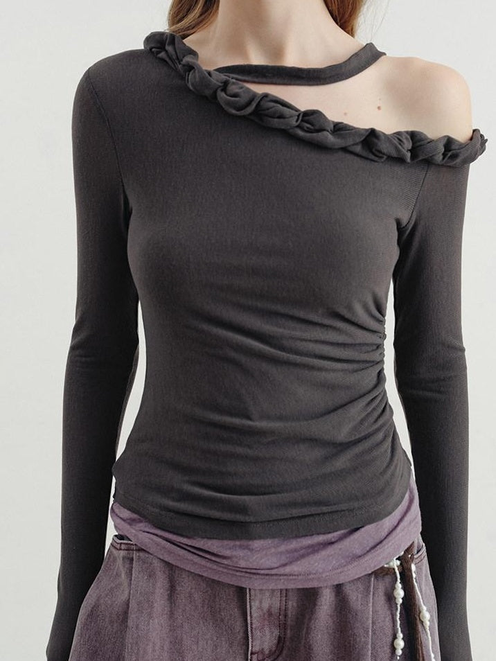 someonesometimes Lyocell Linen Blend Asymmetric Neckline Slim Fit Women Long Sleeve T-Shirts