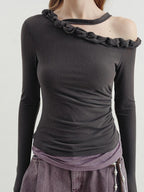 someonesometimes Lyocell Linen Blend Asymmetric Neckline Slim Fit Women Long Sleeve T-Shirts