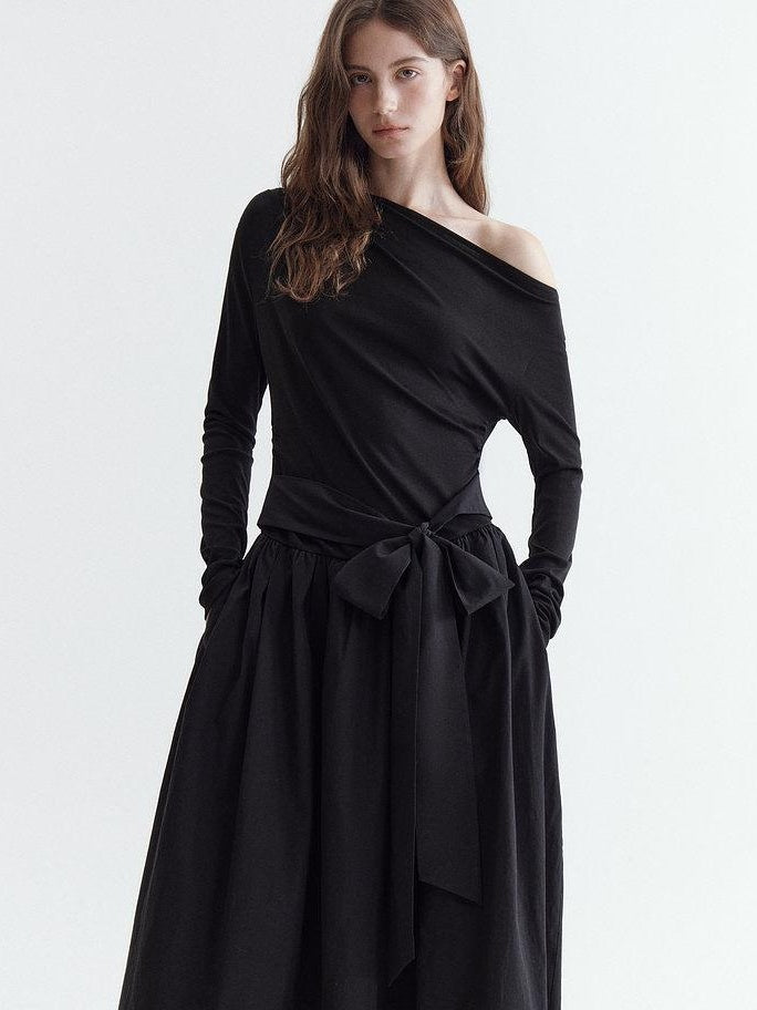fano Viscose Blend Asymmetric Neck A Line Long Sleeve Workwear Women Maxi Dresses