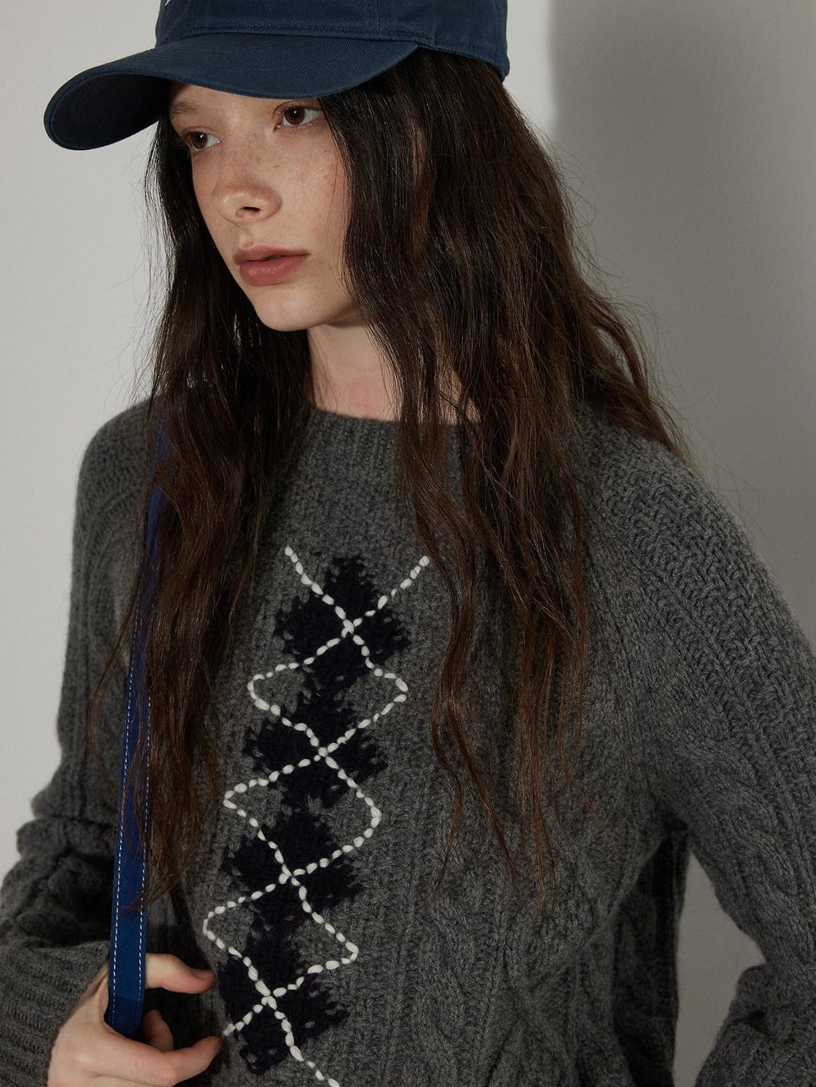 Lofi choose Soft Acrylic Crewneck Loose Fit Diamond Pattern Commuter Knitwear Sweaters